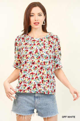 Floral Printed Splits Puff Sleeve Top W/Back Keyhole