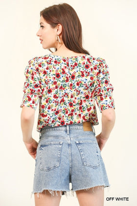 Floral Printed Splits Puff Sleeve Top W/Back Keyhole